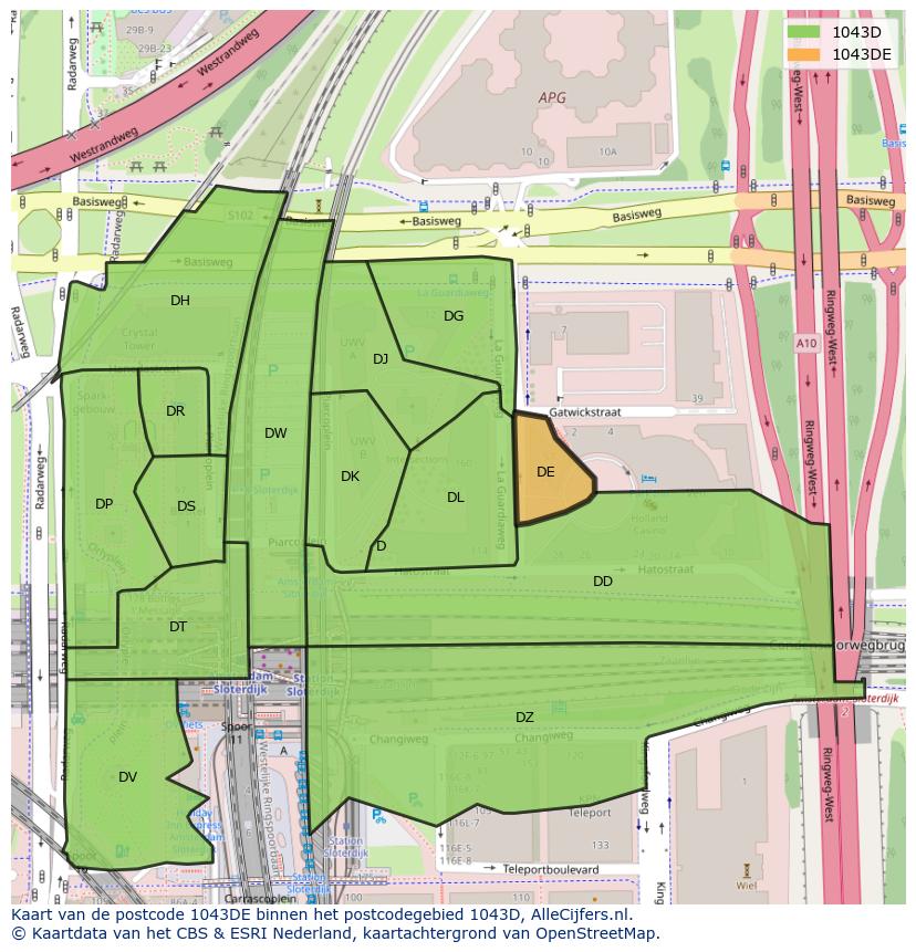 Afbeelding van het postcodegebied 1043 DE op de kaart.