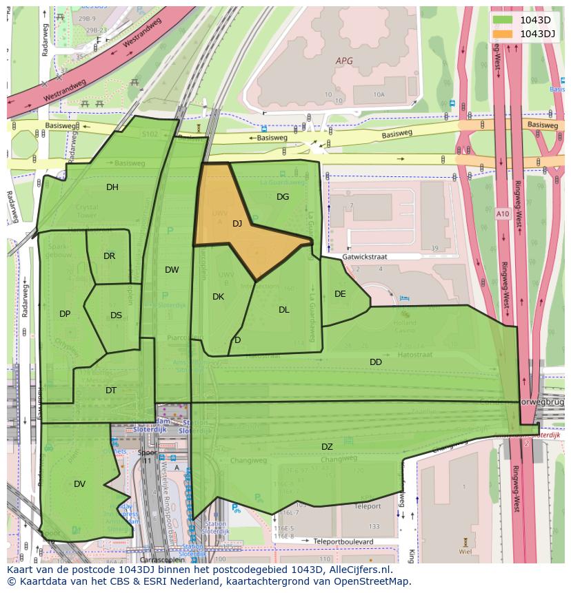 Afbeelding van het postcodegebied 1043 DJ op de kaart.