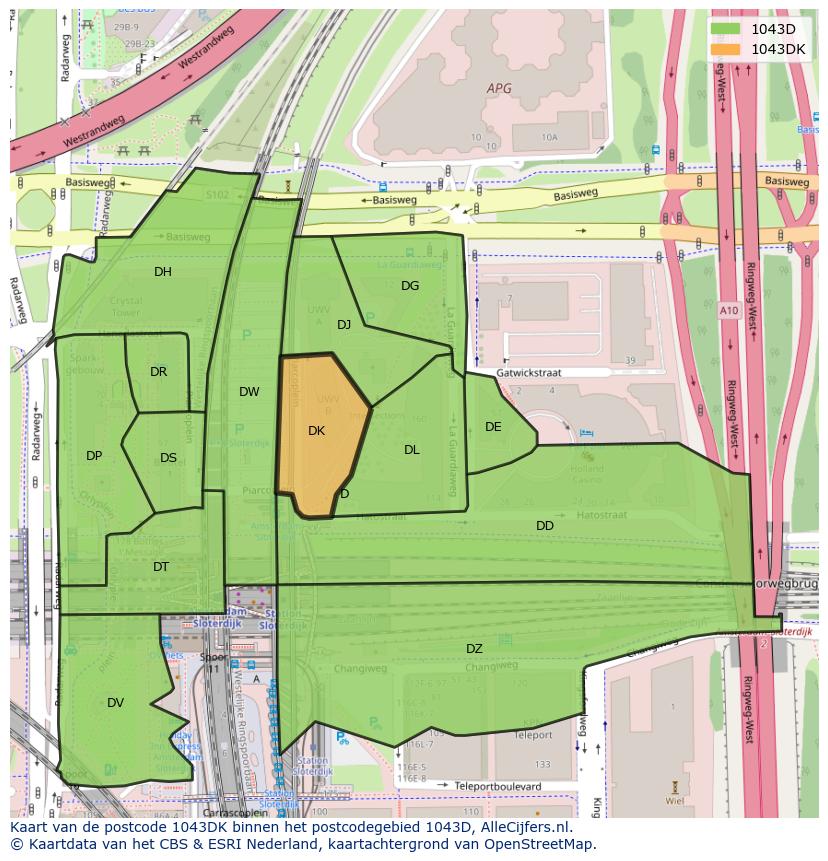 Afbeelding van het postcodegebied 1043 DK op de kaart.