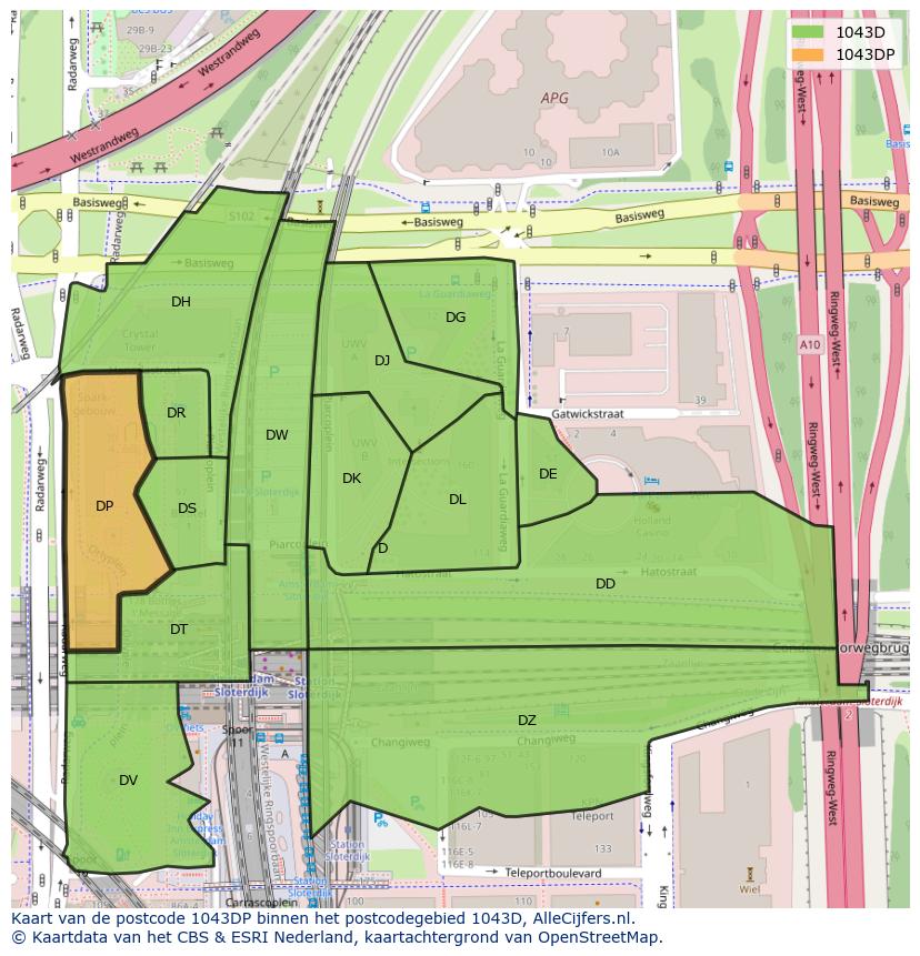 Afbeelding van het postcodegebied 1043 DP op de kaart.