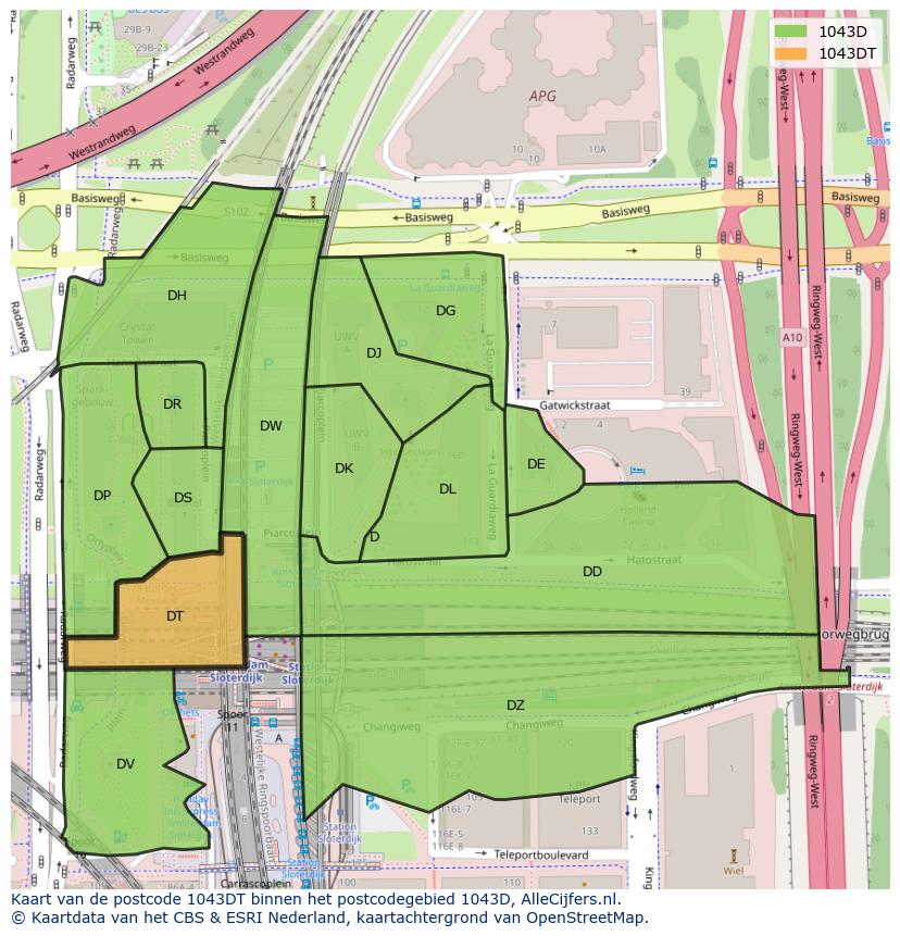Afbeelding van het postcodegebied 1043 DT op de kaart.
