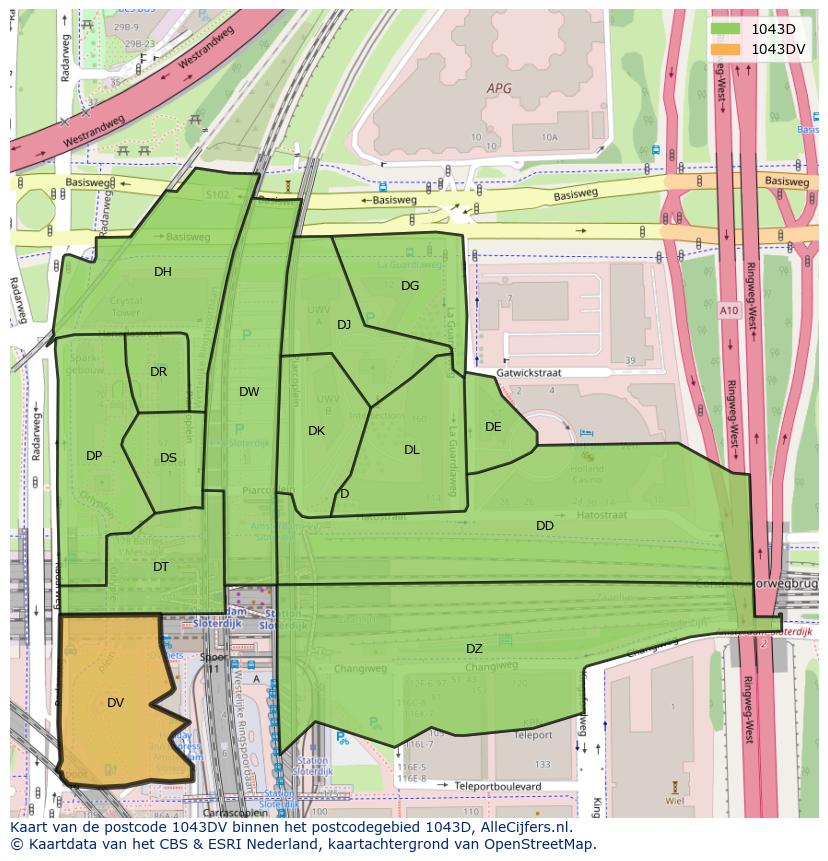 Afbeelding van het postcodegebied 1043 DV op de kaart.