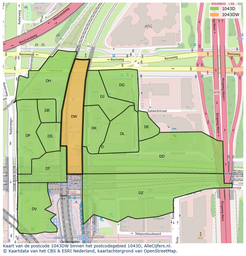 Afbeelding van het postcodegebied 1043 DW op de kaart.