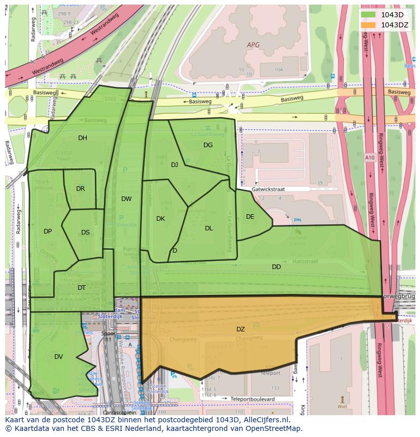 Afbeelding van het postcodegebied 1043 DZ op de kaart.