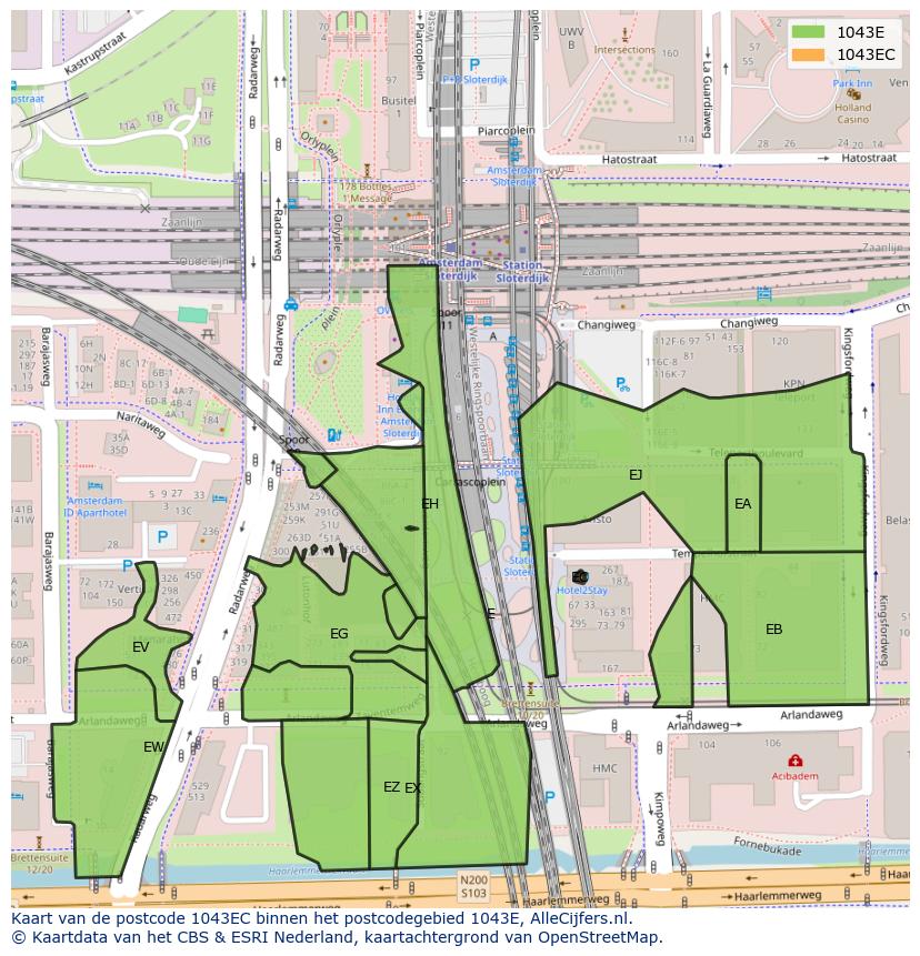 Afbeelding van het postcodegebied 1043 EC op de kaart.