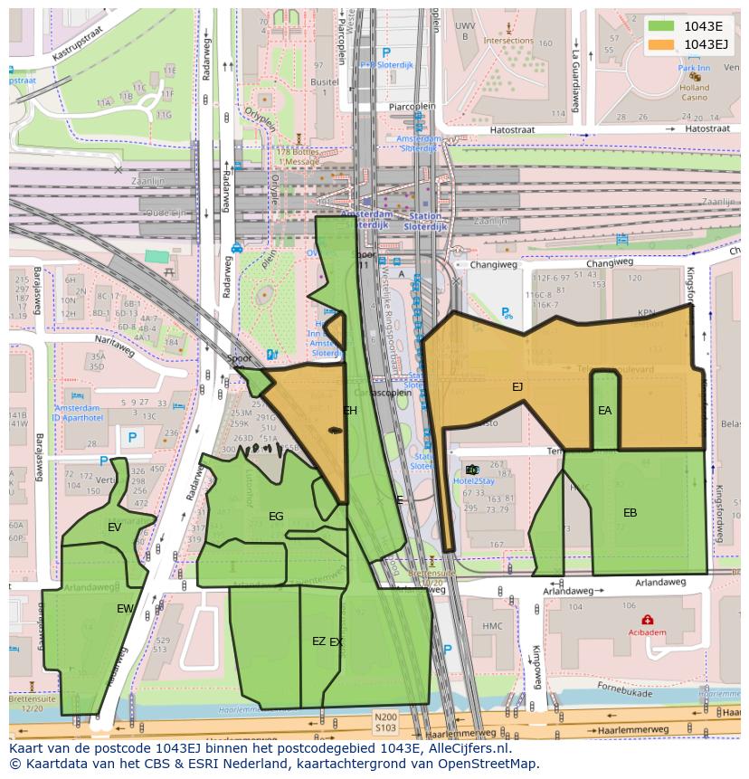Afbeelding van het postcodegebied 1043 EJ op de kaart.