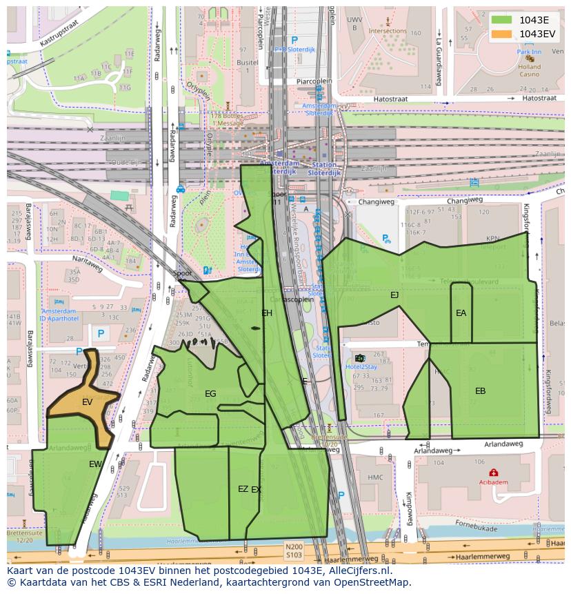 Afbeelding van het postcodegebied 1043 EV op de kaart.