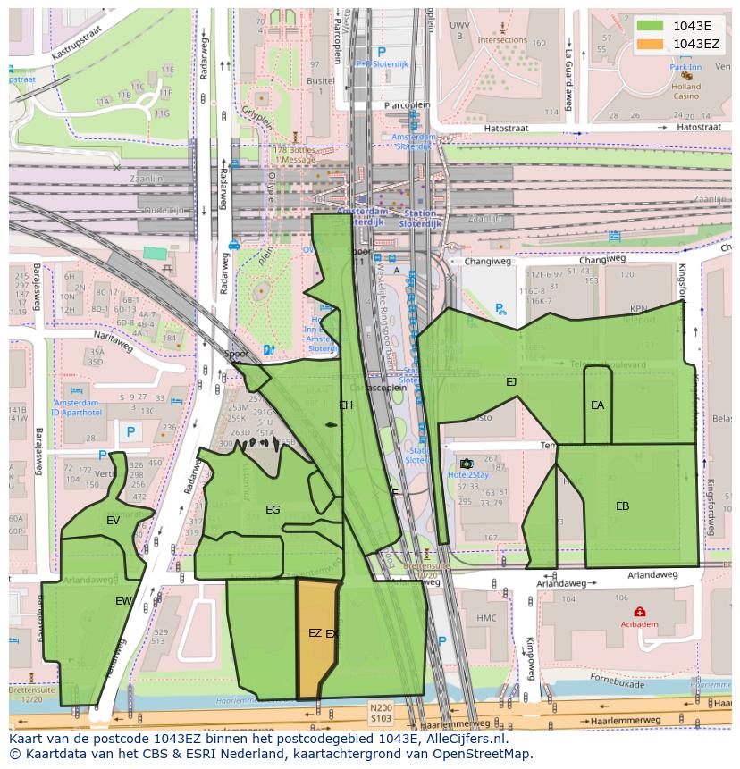 Afbeelding van het postcodegebied 1043 EZ op de kaart.