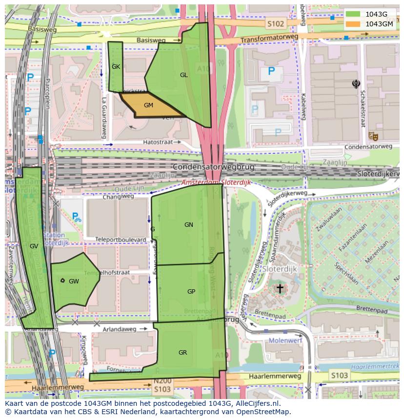 Afbeelding van het postcodegebied 1043 GM op de kaart.