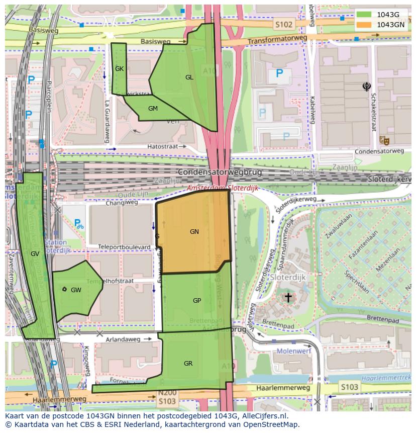 Afbeelding van het postcodegebied 1043 GN op de kaart.