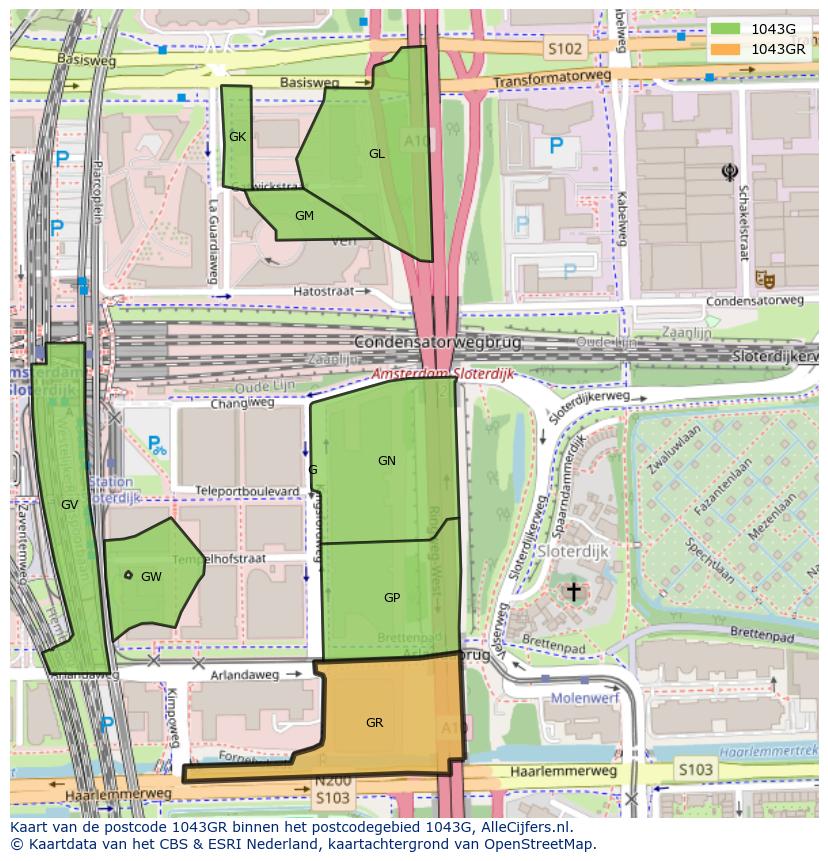 Afbeelding van het postcodegebied 1043 GR op de kaart.