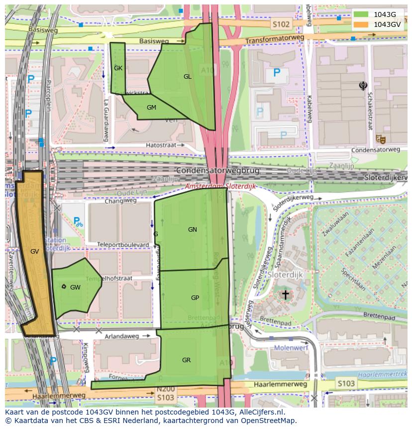 Afbeelding van het postcodegebied 1043 GV op de kaart.