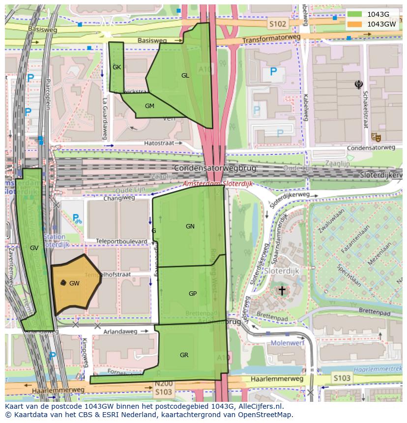 Afbeelding van het postcodegebied 1043 GW op de kaart.