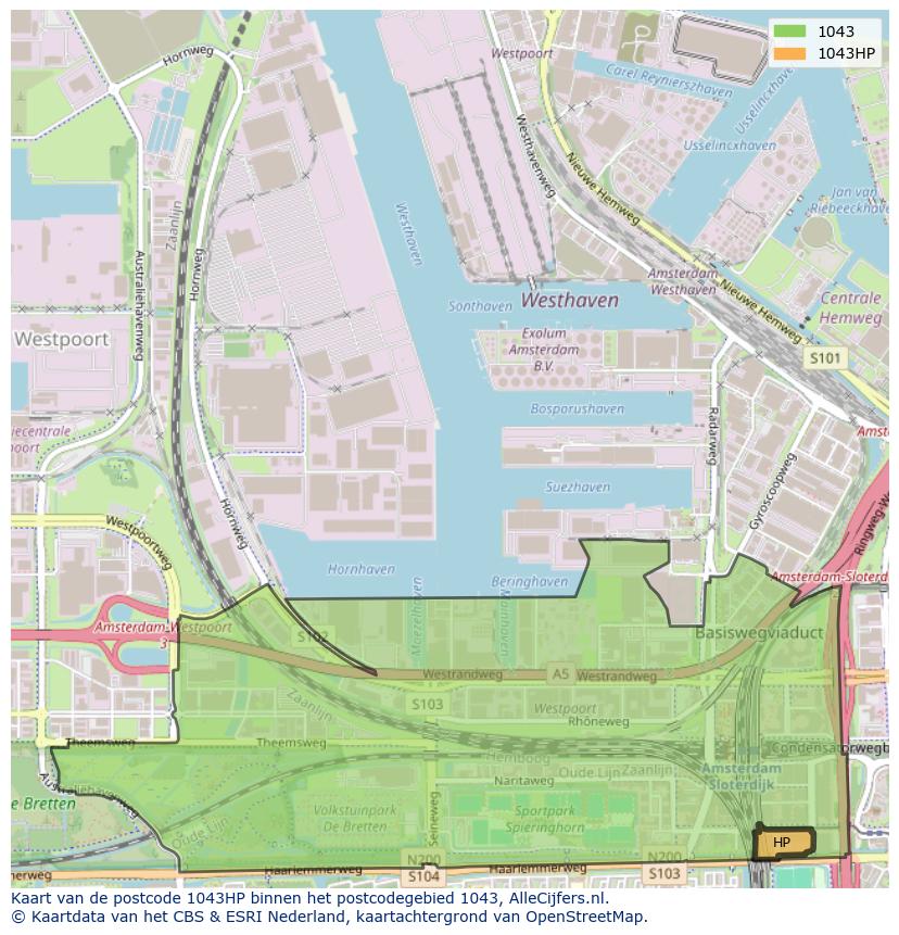 Afbeelding van het postcodegebied 1043 HP op de kaart.