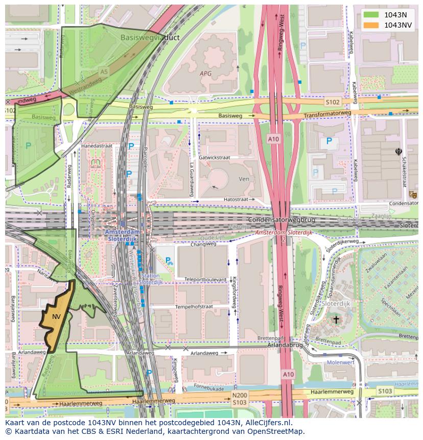 Afbeelding van het postcodegebied 1043 NV op de kaart.