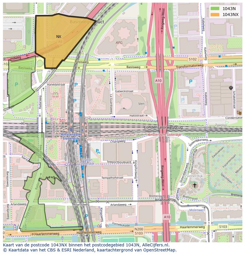 Afbeelding van het postcodegebied 1043 NX op de kaart.