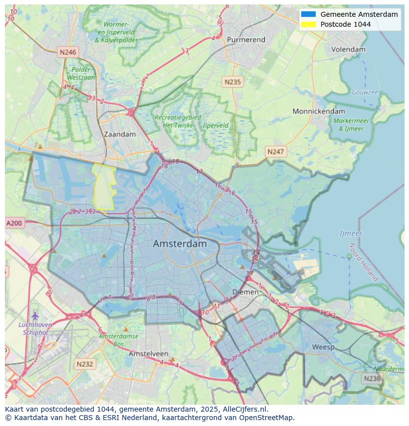 Afbeelding van het postcodegebied 1044 op de kaart.
