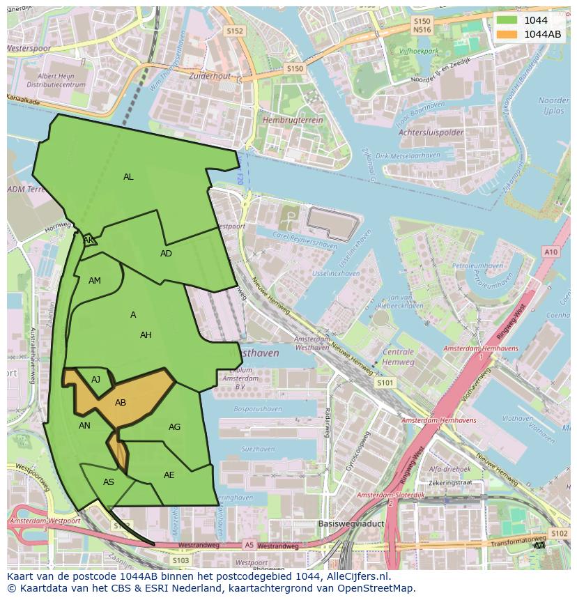 Afbeelding van het postcodegebied 1044 AB op de kaart.