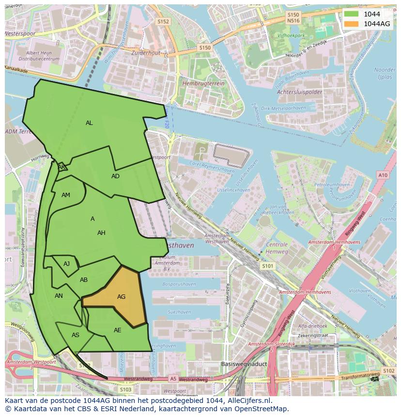 Afbeelding van het postcodegebied 1044 AG op de kaart.