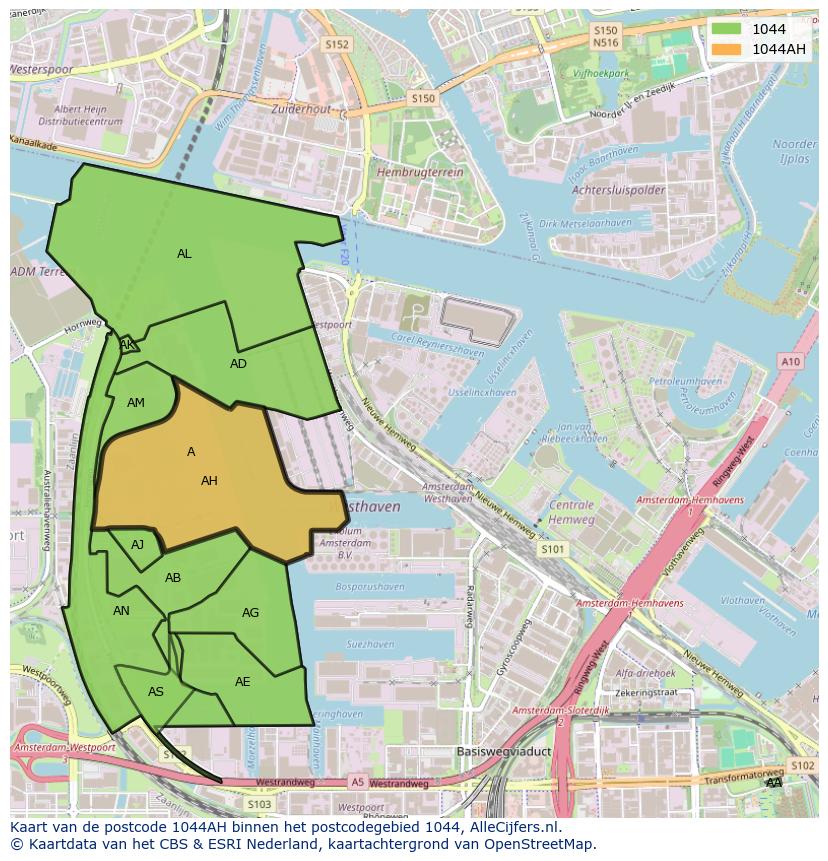 Afbeelding van het postcodegebied 1044 AH op de kaart.