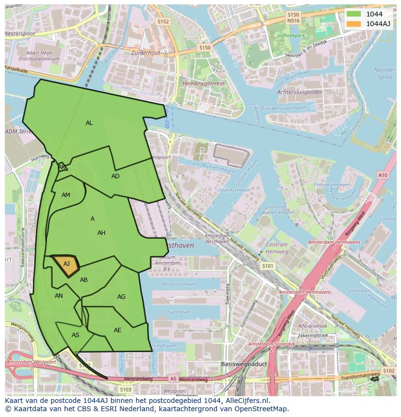 Afbeelding van het postcodegebied 1044 AJ op de kaart.