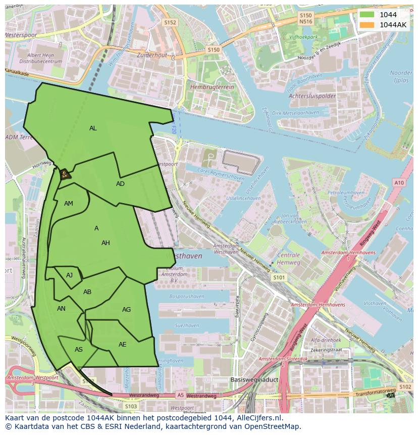 Afbeelding van het postcodegebied 1044 AK op de kaart.