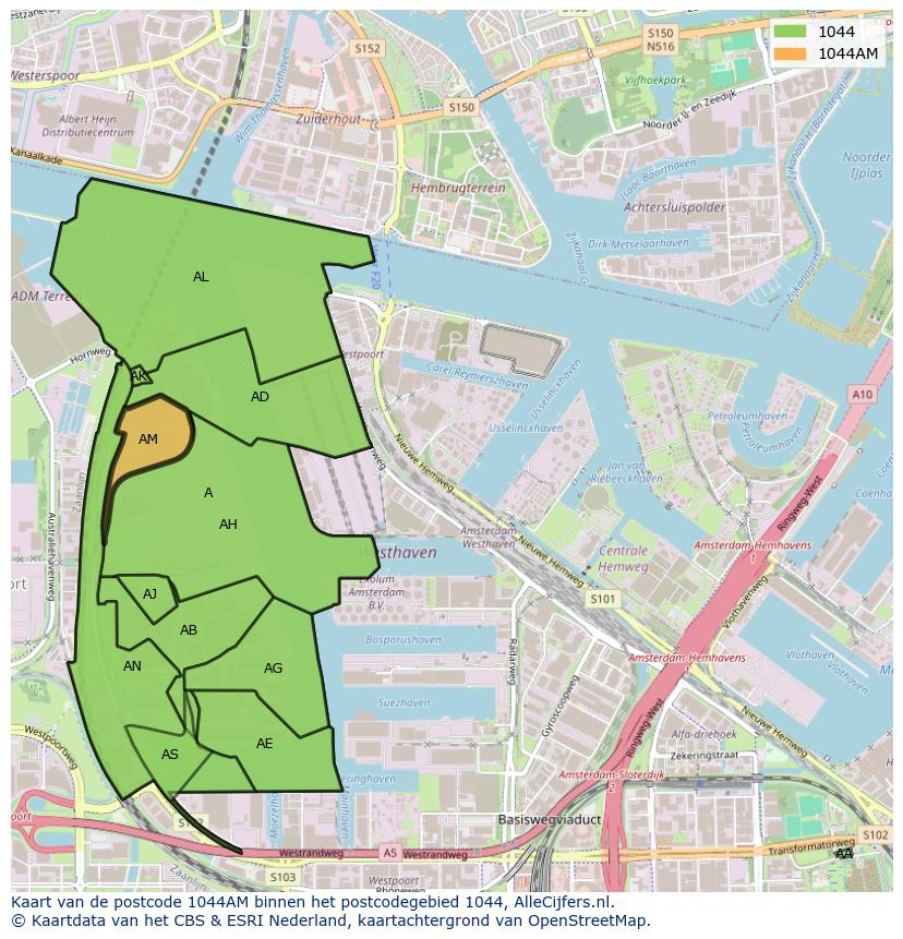 Afbeelding van het postcodegebied 1044 AM op de kaart.
