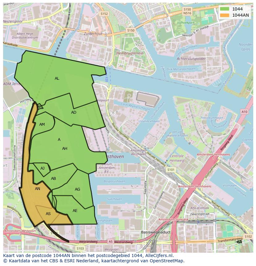 Afbeelding van het postcodegebied 1044 AN op de kaart.