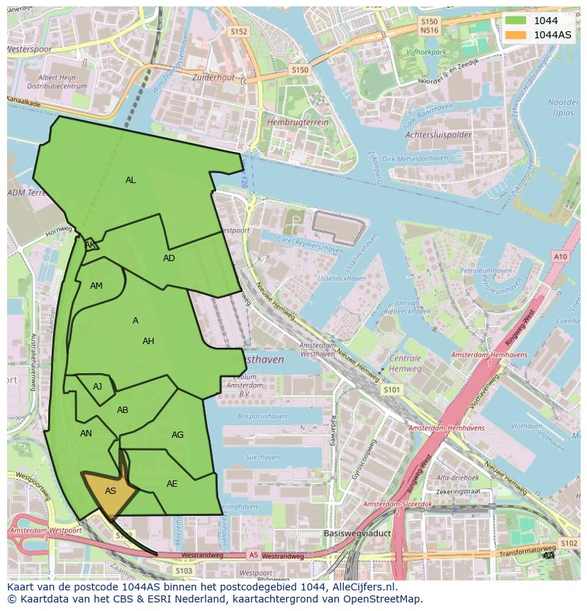 Afbeelding van het postcodegebied 1044 AS op de kaart.