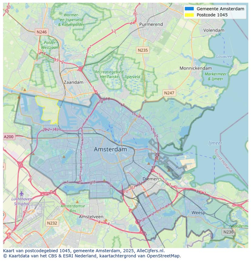 Afbeelding van het postcodegebied 1045 op de kaart.