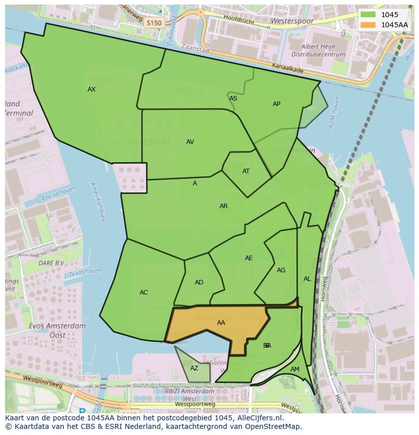 Afbeelding van het postcodegebied 1045 AA op de kaart.