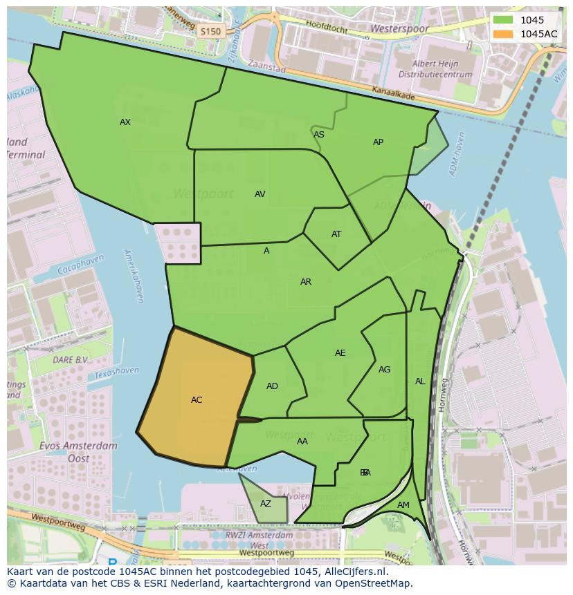 Afbeelding van het postcodegebied 1045 AC op de kaart.