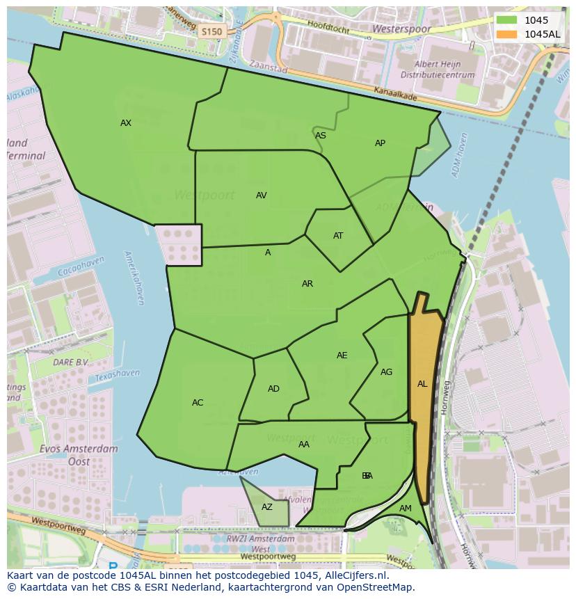 Afbeelding van het postcodegebied 1045 AL op de kaart.