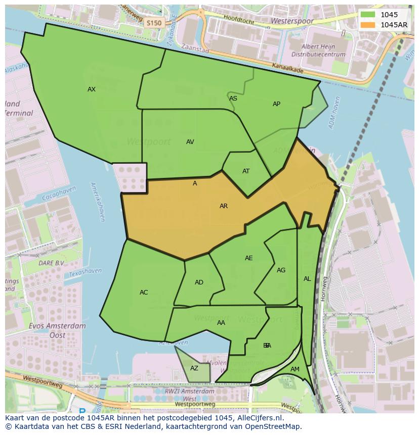 Afbeelding van het postcodegebied 1045 AR op de kaart.