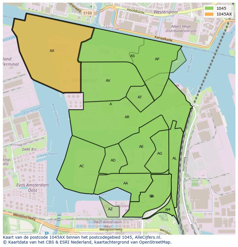 Afbeelding van het postcodegebied 1045 AX op de kaart.