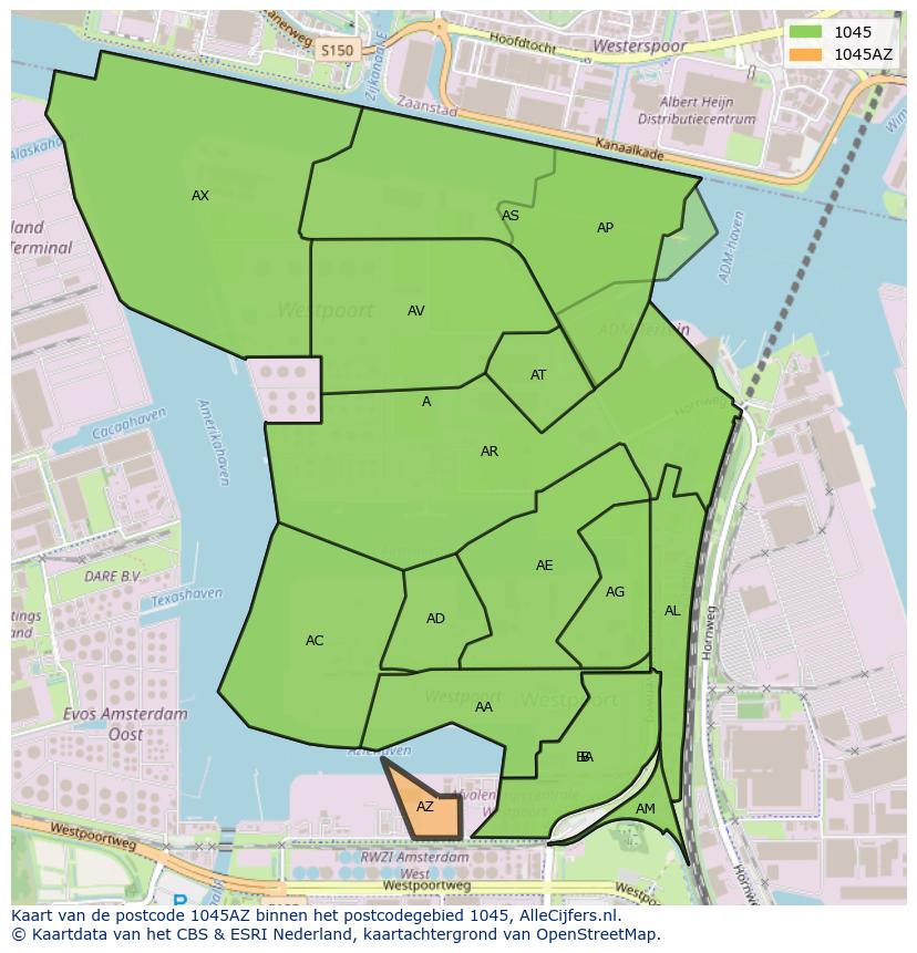 Afbeelding van het postcodegebied 1045 AZ op de kaart.
