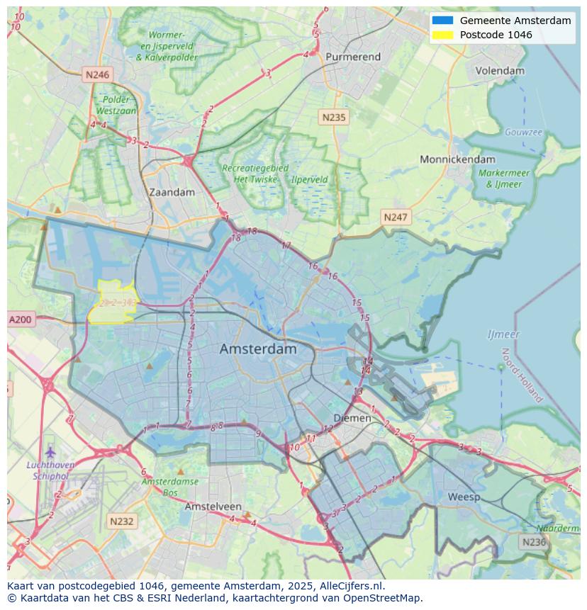 Afbeelding van het postcodegebied 1046 op de kaart.