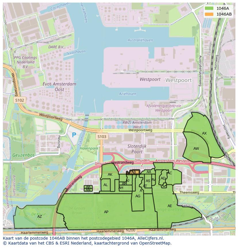 Afbeelding van het postcodegebied 1046 AB op de kaart.