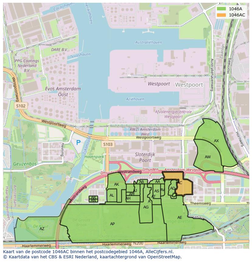 Afbeelding van het postcodegebied 1046 AC op de kaart.