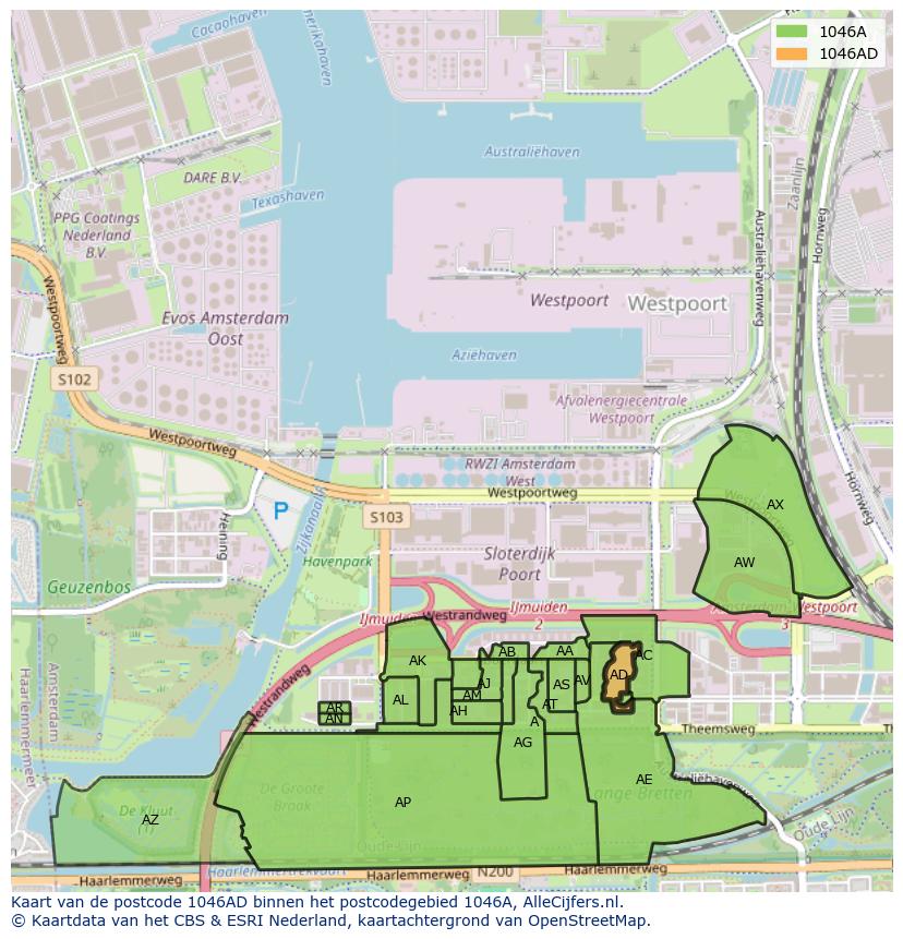 Afbeelding van het postcodegebied 1046 AD op de kaart.
