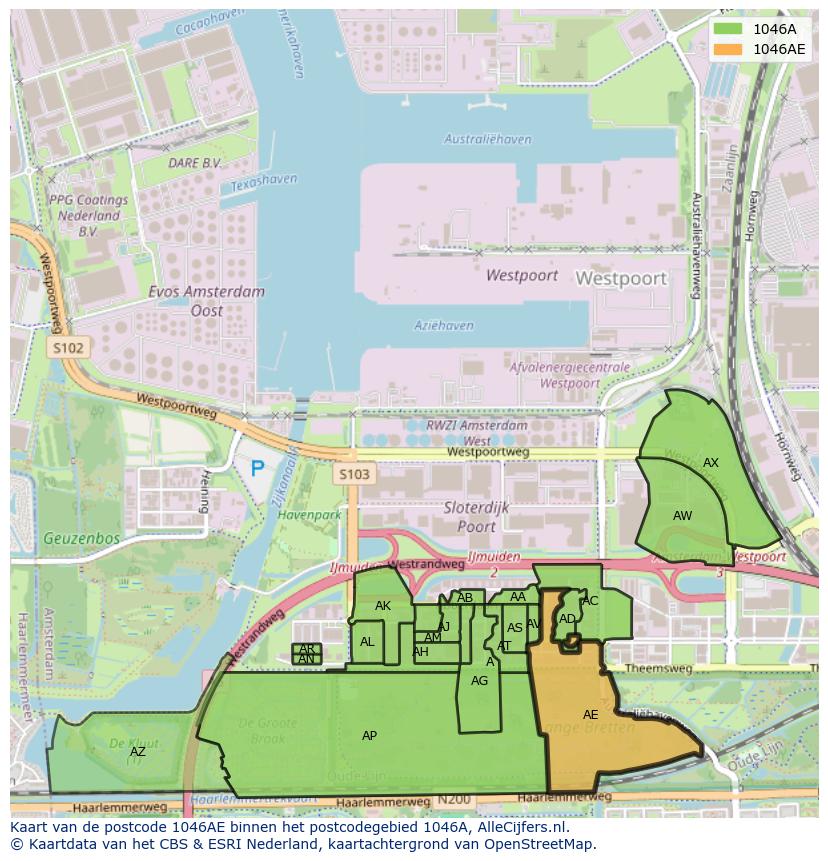 Afbeelding van het postcodegebied 1046 AE op de kaart.