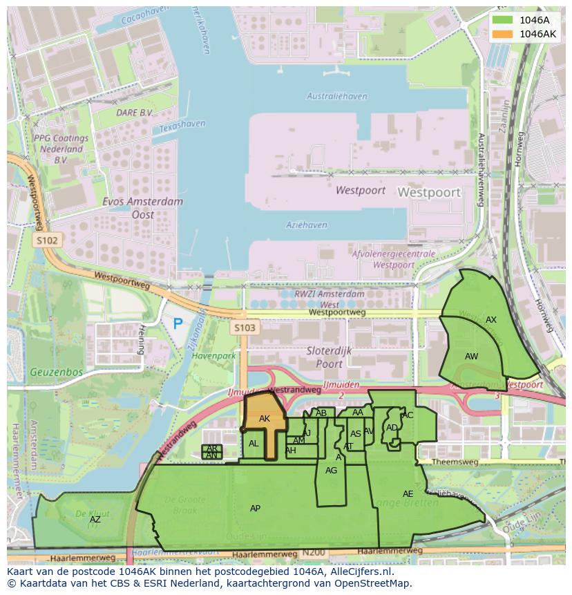 Afbeelding van het postcodegebied 1046 AK op de kaart.