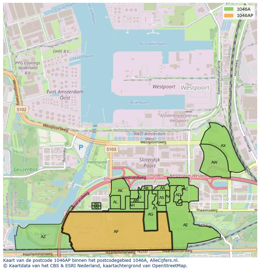Afbeelding van het postcodegebied 1046 AP op de kaart.