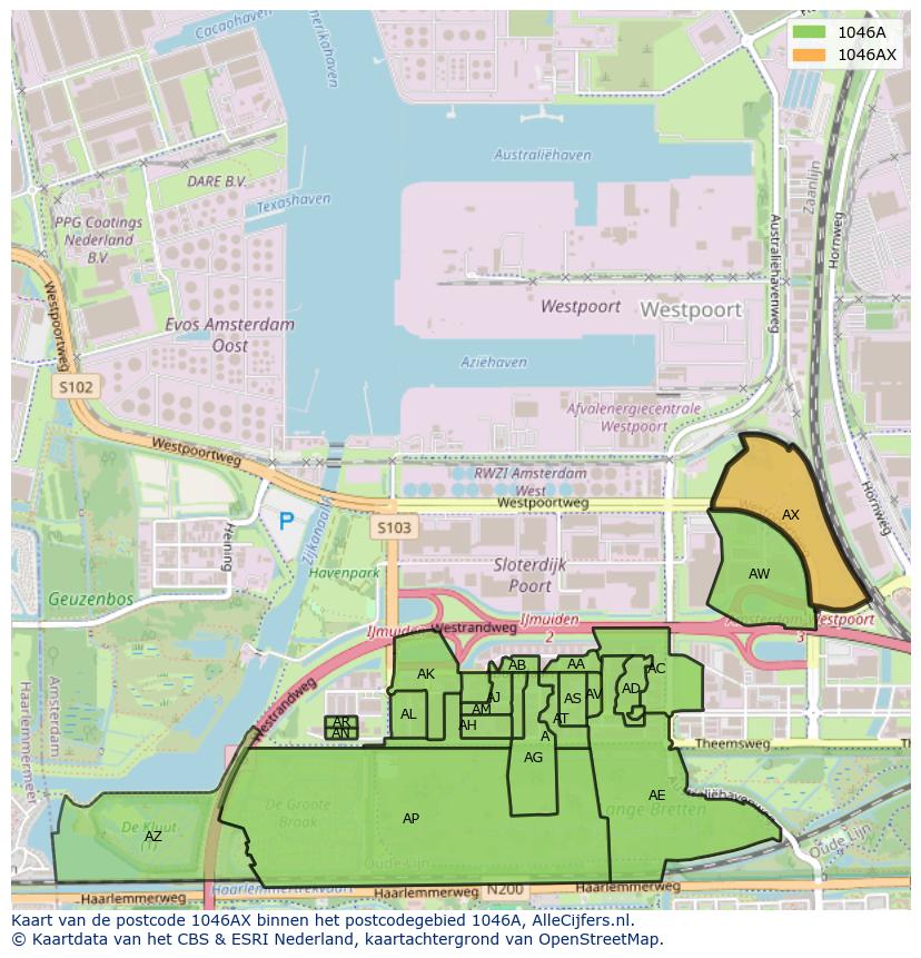 Afbeelding van het postcodegebied 1046 AX op de kaart.