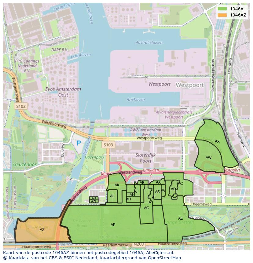 Afbeelding van het postcodegebied 1046 AZ op de kaart.