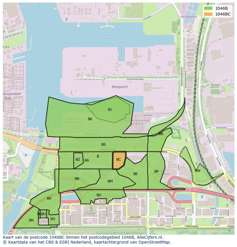 Afbeelding van het postcodegebied 1046 BC op de kaart.