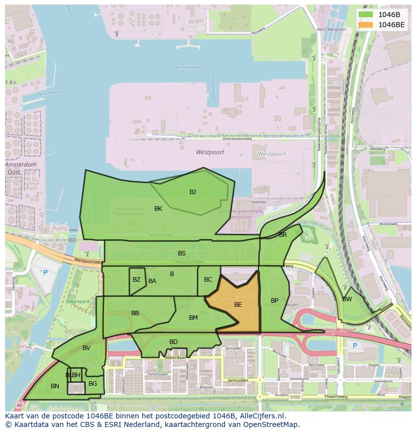 Afbeelding van het postcodegebied 1046 BE op de kaart.