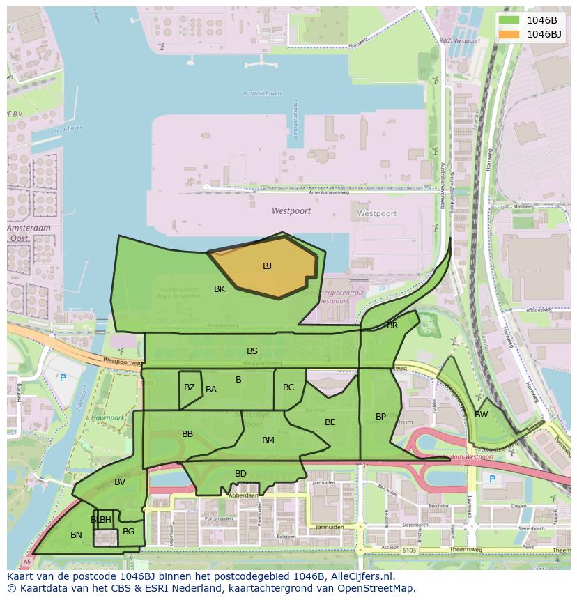 Afbeelding van het postcodegebied 1046 BJ op de kaart.