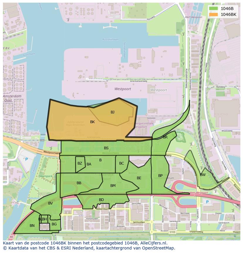 Afbeelding van het postcodegebied 1046 BK op de kaart.