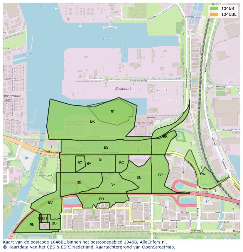 Afbeelding van het postcodegebied 1046 BL op de kaart.